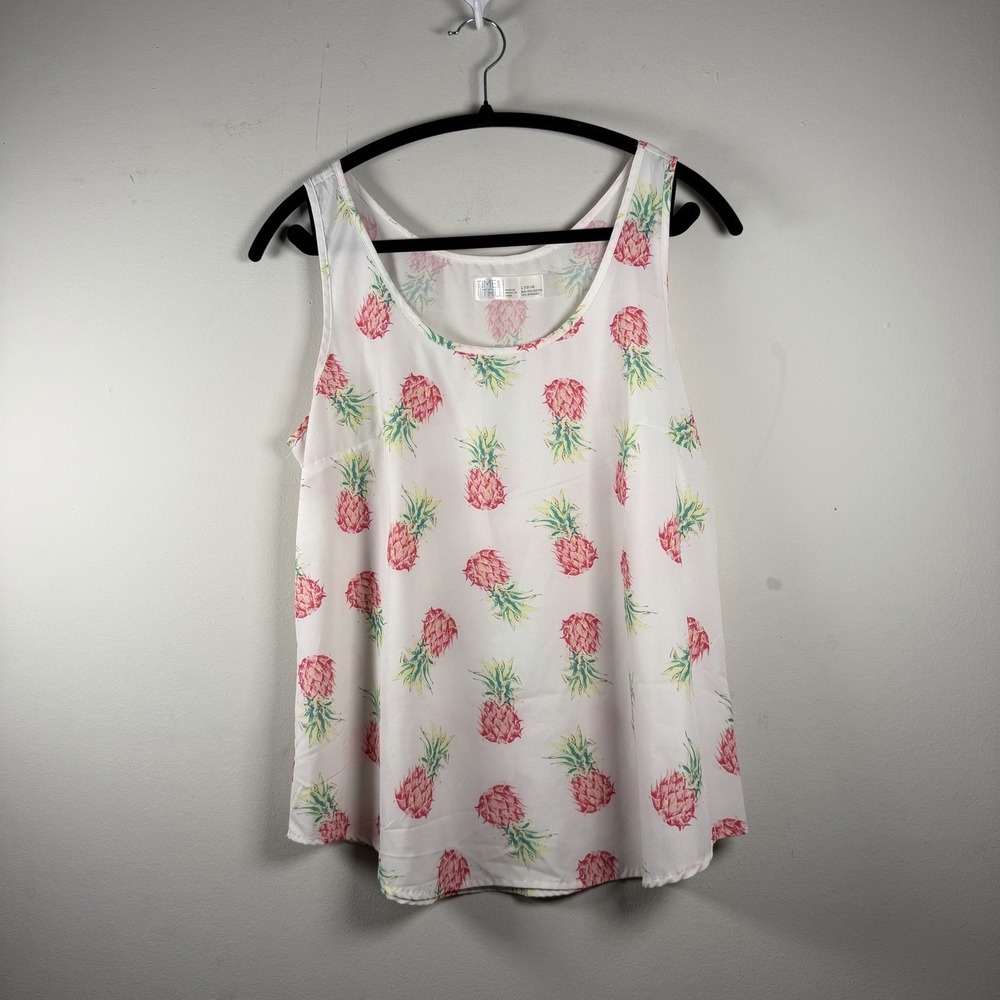 Time Tru Women Tops Large 12/14 sheer pineapple print shirt Resortcore Summer
